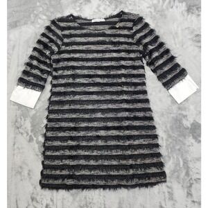 Rinascimento Dress Womens Black Striped Fuzzy Eyelash Knit 3/4‎ Sleeves Cuffed